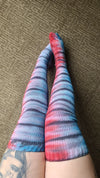 Red white blue black tye dye thigh high socks
