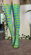 Blue/green/yellow tye dye thigh high socks