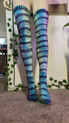 Black stripe purple/blue/green tye dye thigh high socks