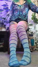 Pink purple blue tye dye thigh high socks