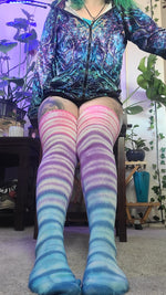 Blue purple pink tye dye thigh high socks