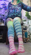Green blue pink tye dye thigh high socks