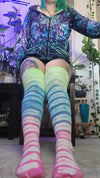 Green blue pink tye dye thigh high socks