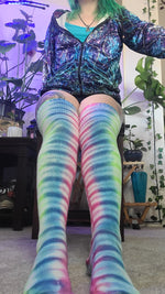 Green, blue, pink tye dye thigh high socks