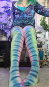 Green, blue, pink tye dye thigh high socks
