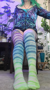 Green blue purple tye dye thigh high socks