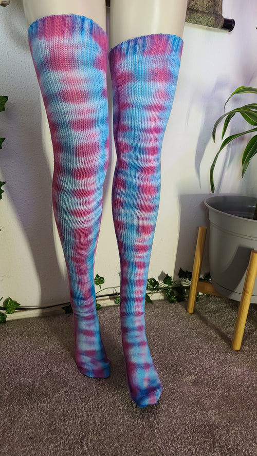 Blue/pink tye dye thigh high socks