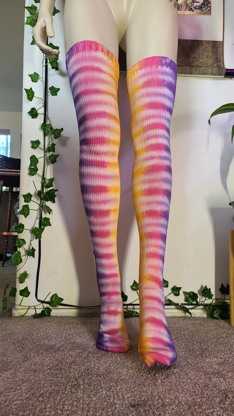 Purple/pink/orange tye dye thigh high socks