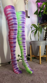 purple/pink/green tye dye thigh high socks