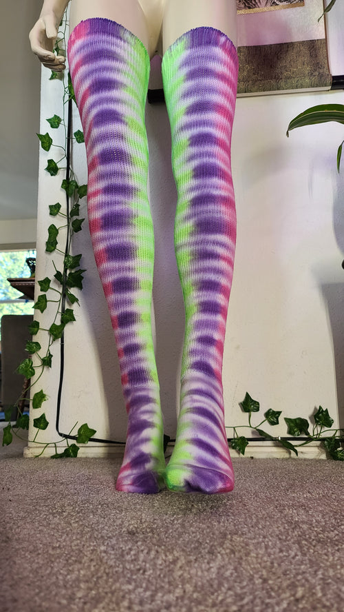 purple/pink/green tye dye thigh high socks