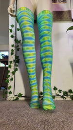 Blue/green/yellow tye dye thigh high socks