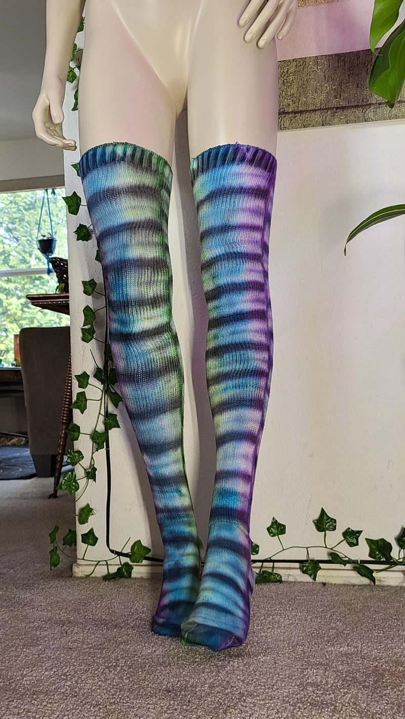 Black stripe purple/blue/green tye dye thigh high socks