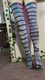 Black stripe pink/blue/green tye dye thigh high socks