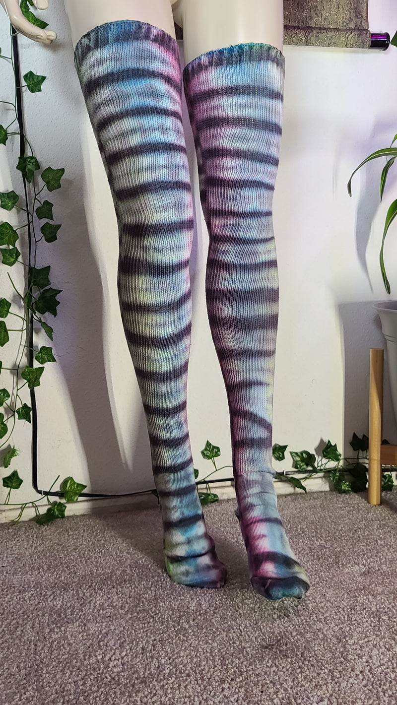 Black stripe pink/blue/green tye dye thigh high socks