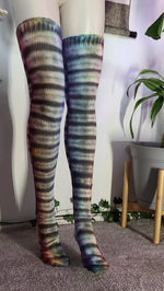 Black stripe Rainbow tye dye thigh high socks