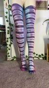 Black stripe pink/purple/blue tye dye thigh high socks