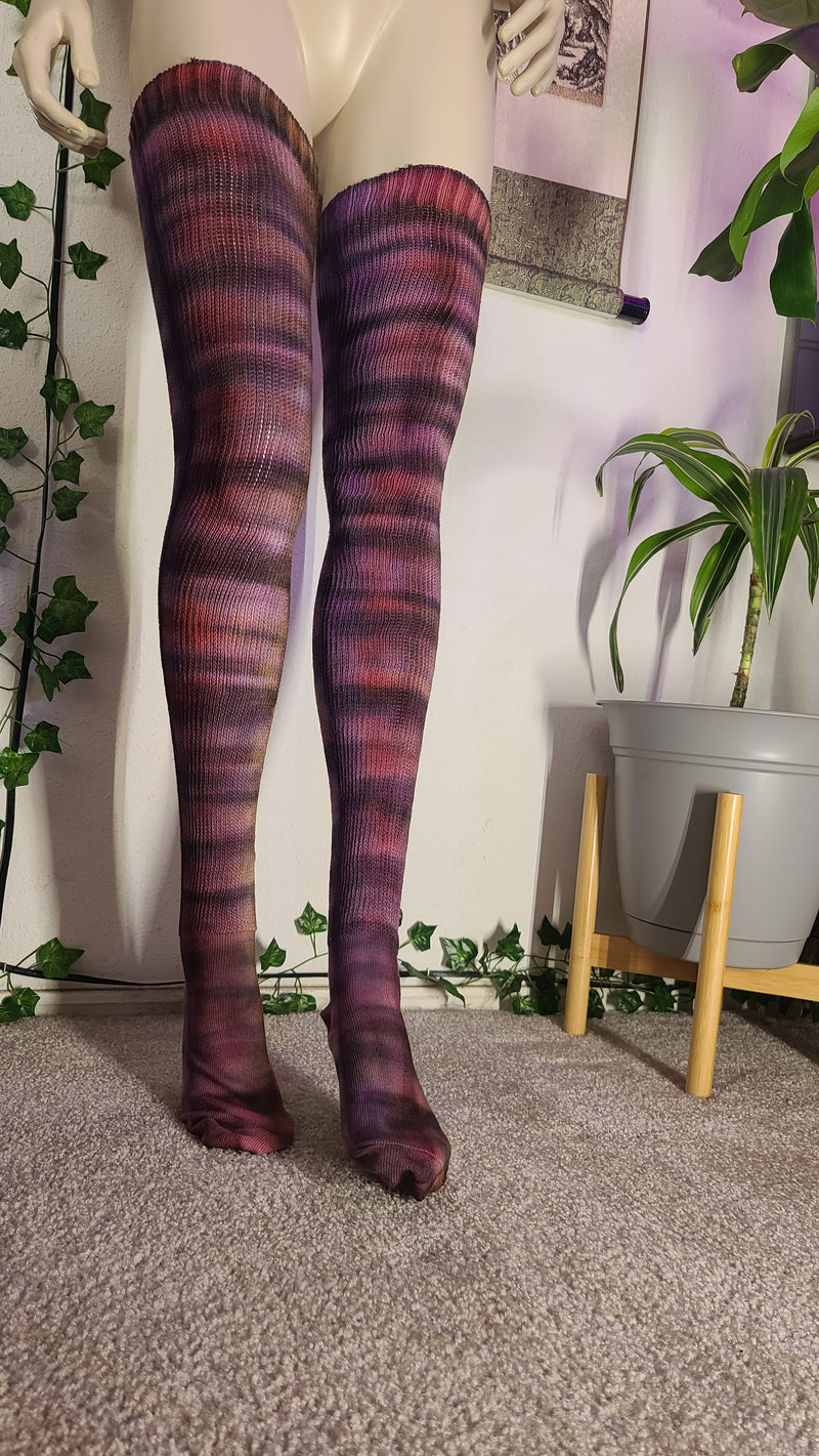 Black stripe purple pink orange tye dye thigh high socks