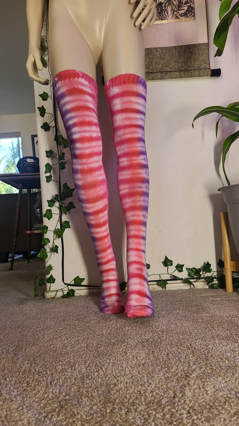 Purple red pink tye dye thigh high socks