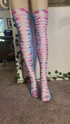 Blue pink white tye dye thigh high socks