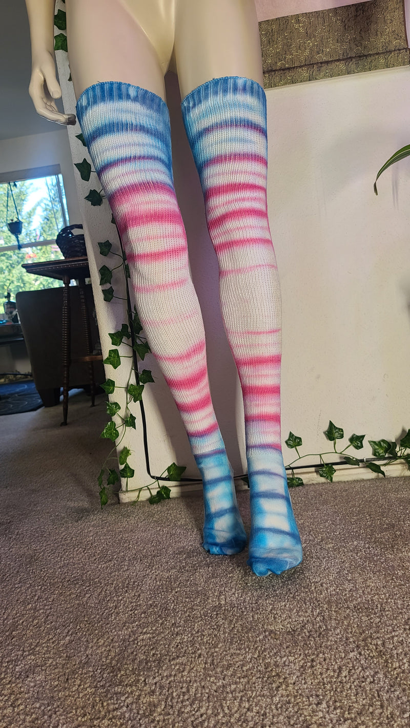 Blue pink white tye dye thigh high socks